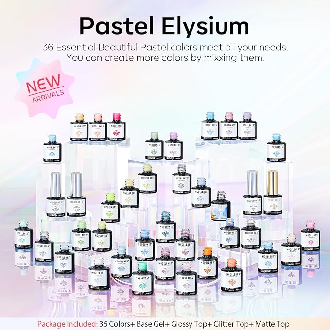 modelones 40Pcs Gel Nail Polish Set, 36 Colors 2026 Summer Spring Pastel White Pink Light Yellow Blooming Glitter Gel Polish Kit with 4PCS Glitter Matte Glossy Top Base Coat LED Nail Art DIY Gift