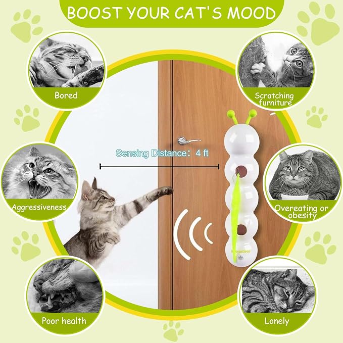 Caterpillar Cat Toy, Interactive with Worm Design, Automatic Cat Toy with Motion Sensor, Replaceable Tails Bite Resistant USB Rechargeable Teaser with Suction Cup,Indoor Cats for Daily Play