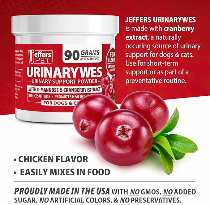 Jeffers Pet UrinaryWes Urinary Support Powder for Dogs & Cats, D-Mannose & Cranberry Supplement for Urinary Tract & Bladder Health, Kidney Support, UTI Prevention, Chicken Flavor Food Topper – 21 g