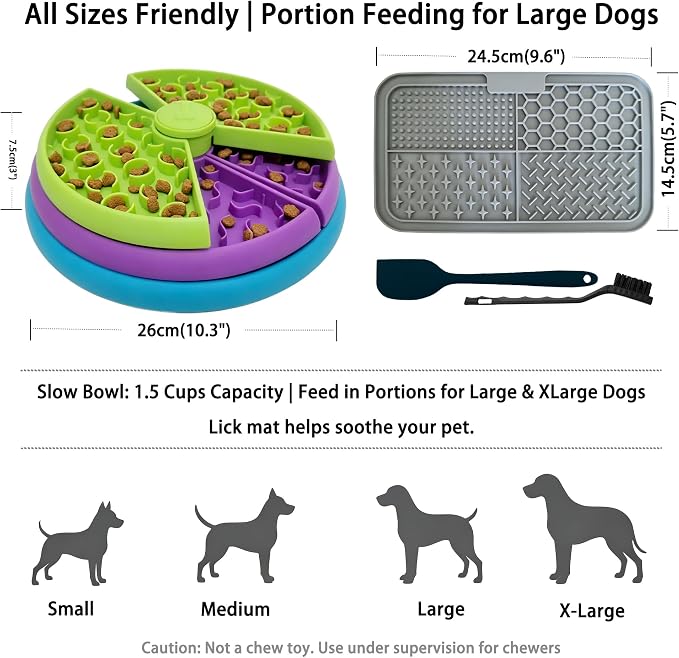 3-Level Slow Feeder Dog Bowl, Rotating Maze + Calming Lick Mat | 2-in-1: slow feeder slows 10x, reduces boredom; calming lick mat sticks to wall for alone/travel. With spatula/brush,BPA-free