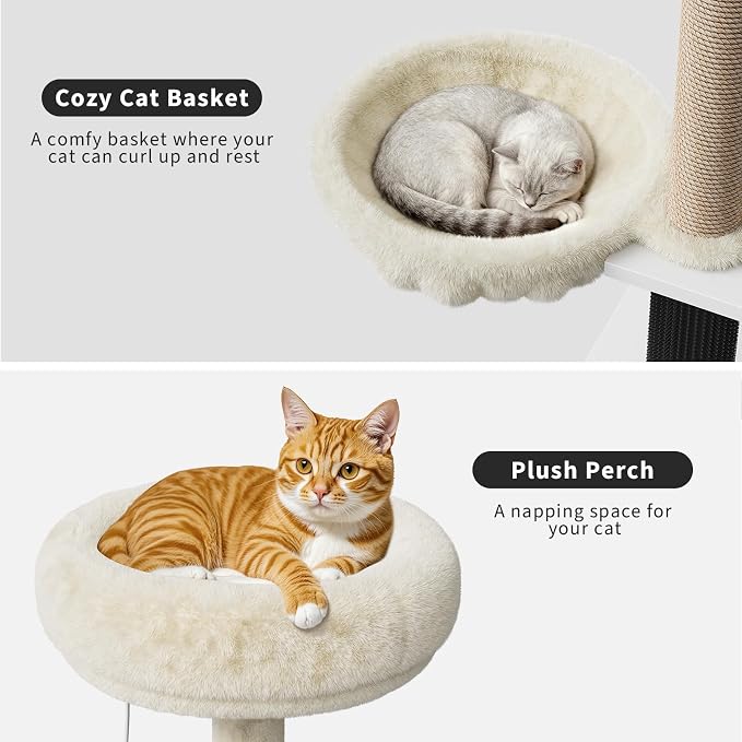 Litter Box Enclosure with Cat Tree Tower and Condo Brush Post and Passage Hidden Cat Washroom Furniture with Sisal Scratching Post & Soft Plush Perch Wooden Cat Furniture with Multiple Platforms