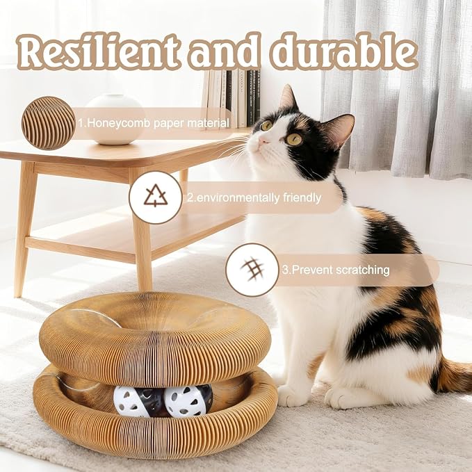 2 Pack Cat Scratcher Toys for Indoor Cats, Interactive Accordion Cardboard with Bell Ball, Foldable Infinity Style Cat Enrichment Toys
