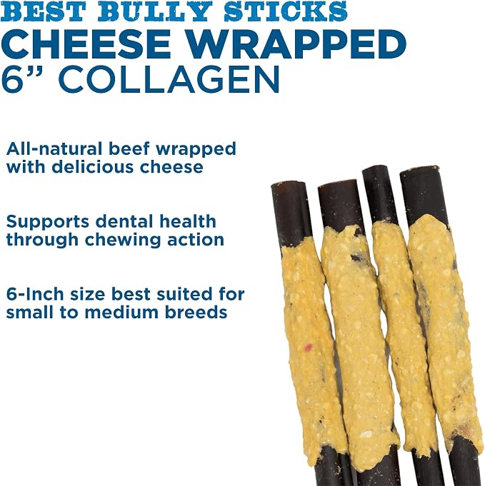 Best Bully Sticks Cheese Wrapped Beef Collagen Sticks - 6 Inch 12 Count (Pack of 1) - Natural, Long-Lasting, Limited Ingredient Treat, Supports Joints, Skin, Coat