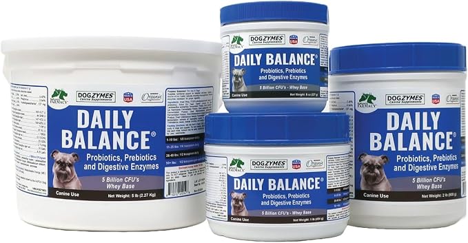 DOGZYMES Daily Balance Canine Supplement by Nature’s Farmacy – Probiotics + Prebiotics + Digestive Enzymes – 5 Billion CFUs – Whey Base – 1 lb (454 g)