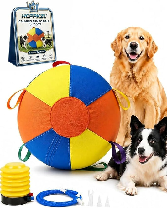 10/18/22" Calming Jumbo Ball for Dogs Durable Tear-Resistant Inflatable Big Ball Tough Herding for Play Exercise Toy with Heavy-Duty Handle Cover & Pump Fun Doggy Herding Dog Giant Tennis(A,22in)