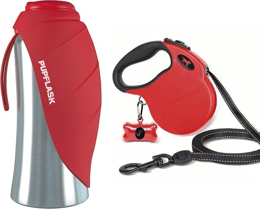 Tuff Pupper Retractable Dog Leash and 27oz Pupflask Portable Water Bottle - Red