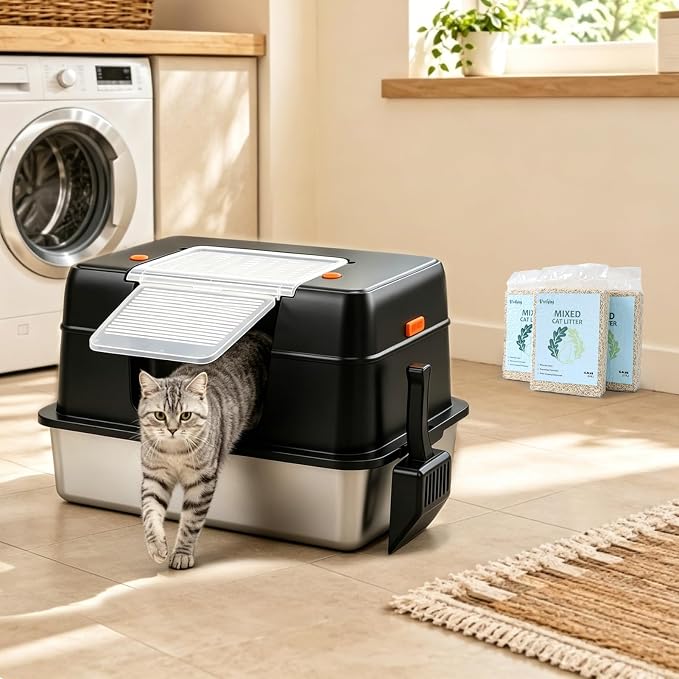 Vivifying XL Stainless Steel Cat Litter Box with 13.2 lb Cat Litter, Black | Stainless Steel