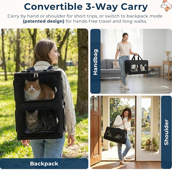 Extra Large 3-in-1 Cat Carrier for 2 Cats, with Removable Divider, Superior Ventilation, Portable Soft Sided Double Cat Carrier Large, Hair Removal Glove, 2*Bowl, Extra Side Storage Bag Included