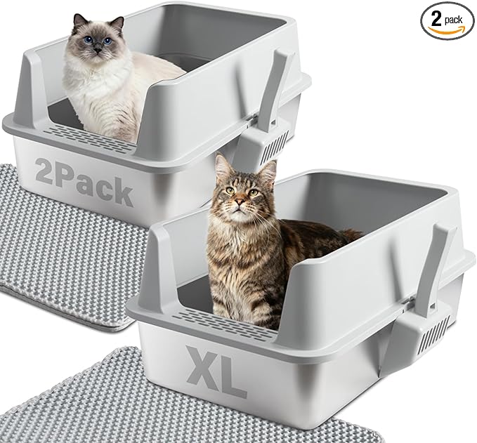 Stainless Steel Cat Litter Box with Lid, 2 Pack XL Metal Litter Box Stainless Steel with Mat & Scoop, Odor-Free/Anti-Leakage & Non-Stick, High-Sided Litter Box for Multiple Big Cats(XL/Grey)