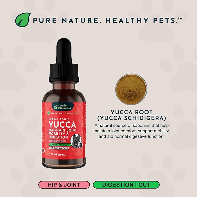 Animal Essentials Yucca - Hip and Joint Yucca Root Supplement for Dogs & Cats, Liquid Herbal Care Drops for Senior Dogs & Older Pets, Bowel & Immune Support, Antioxidant Boost - 1 fl oz