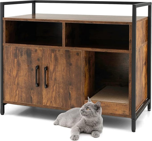 Tangkula Litter Box Enclosure, Cat Litter Box Furniture Hidden w/Metal Frame, Scratching Board, Storage Compartment, Wooden Cat Washroom, Indoor Cat House Side Table, Cat Box Cabinet (Rustic Brown)