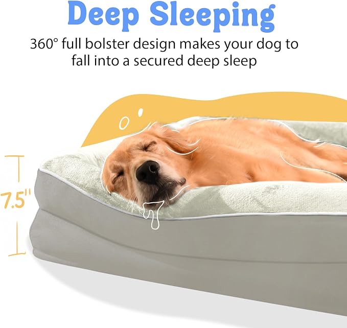 Chez Paw Large Orthopedic Dog Bed for Extra Large Dogs, Waterproof XL Egg-Crate Foam Dog Bed with Removable Washable Cover & Non-Slip Bottom, 4-Sided Bolster Support, Beige 42"x30"x7.5"