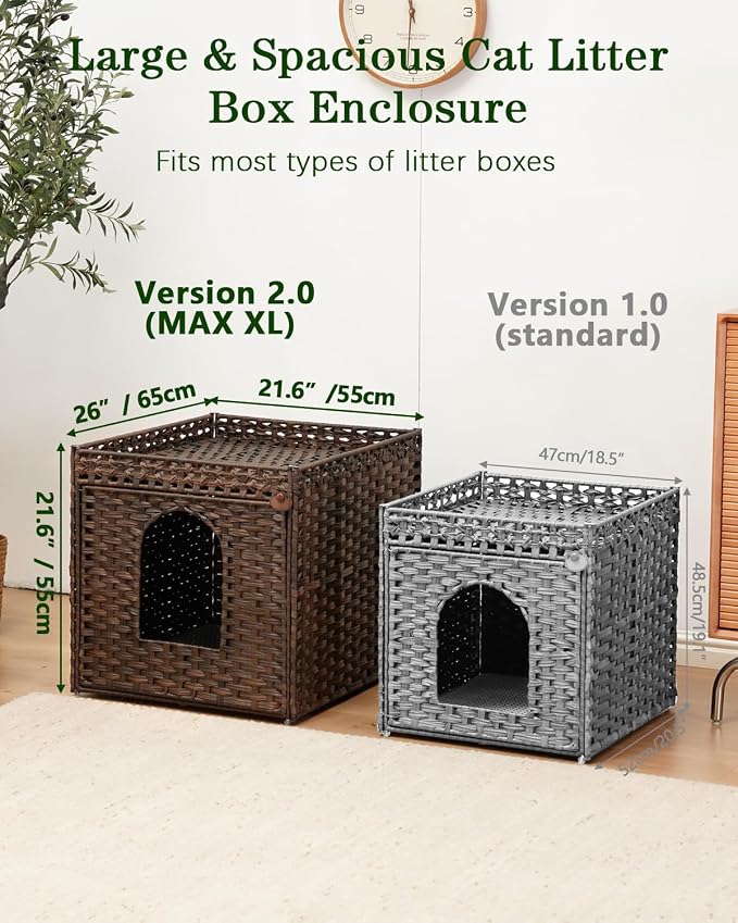 SETVSON Cat Litter Box Enclosure Furniture, Large Hidden Litter Box Furniture, Handwoven Rattan Cat House Cabinet, One Mat, Two S-Shaped Hooks, Living Room, Apartment 21.6 X 26 X 21.6 Inches, Brown