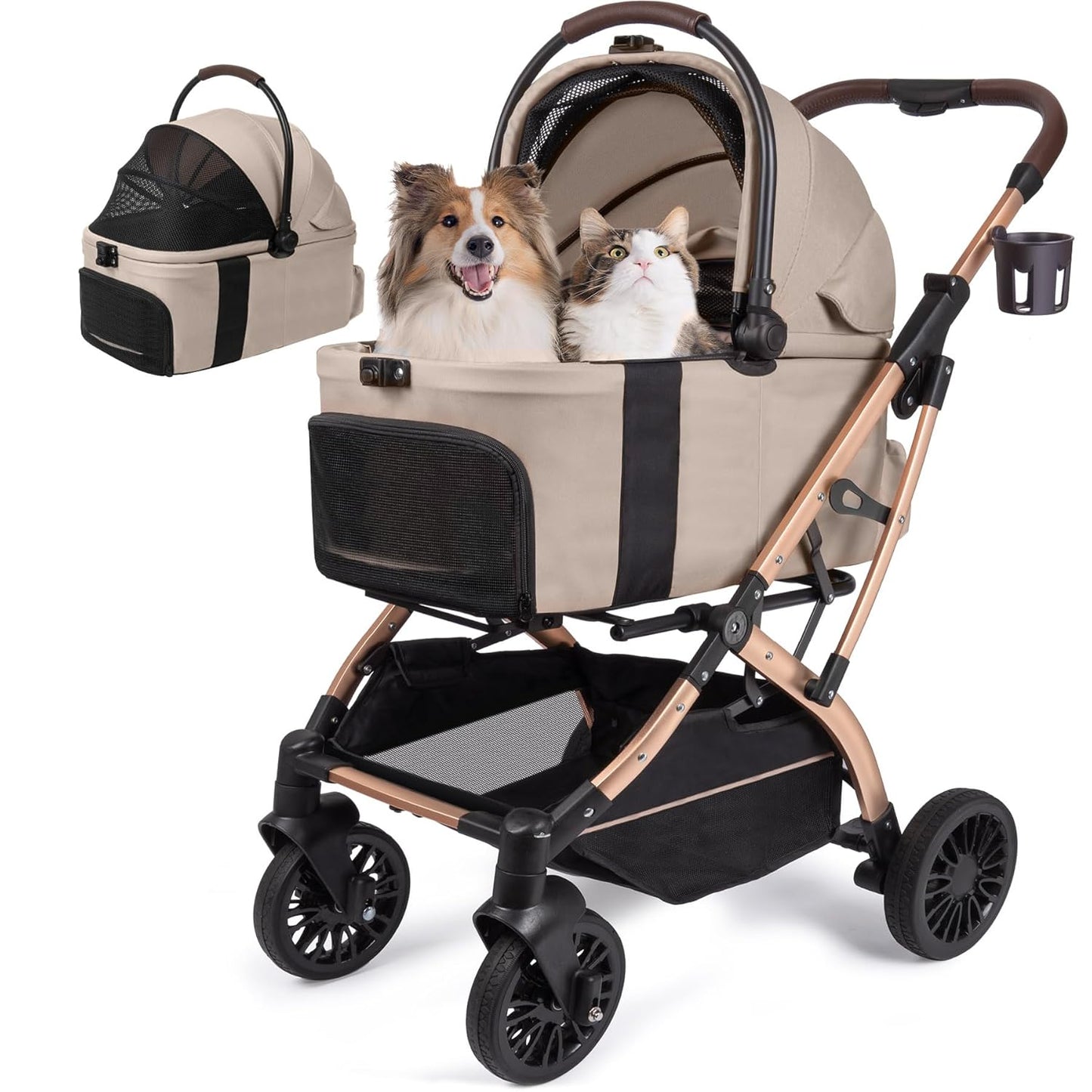 Dog Stroller, Cat Strollers, 5-in-1 Pet Stroller with Detachable Waterproof Carrier for Small/Medium Dogs Cats up to 55lbs, All-in-One Fold Without Detaching Carrier for Dogs Cats 10 lbs to 55 lbs