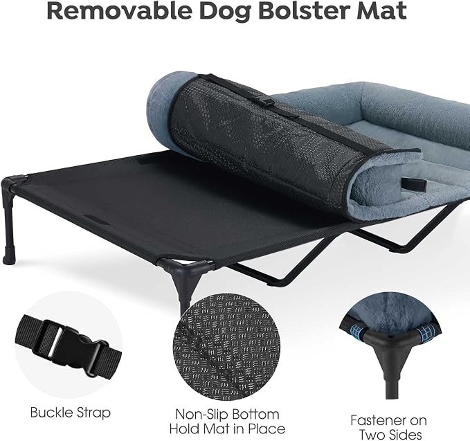 Veehoo Orthopedic Elevated Dog Bed with Fluffy Plush Bolster Cushion, Indoor Raised Dog Beds for Large Dogs, Soft Pet Sofa Cot with Removable Washable Mat, No-Slip Feet, 59 x 37 inches, Haze Blue