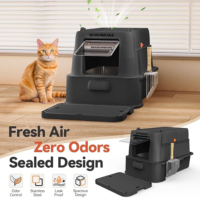 Wooaidagg Enclosed Stainless Steel Cat Litter Box with Odor Control, Modular Design with Drawer and Flip Door, Easy to Clean and Wash,Non-Stick Interior,Extra Large Size Fits All Cats(Black)