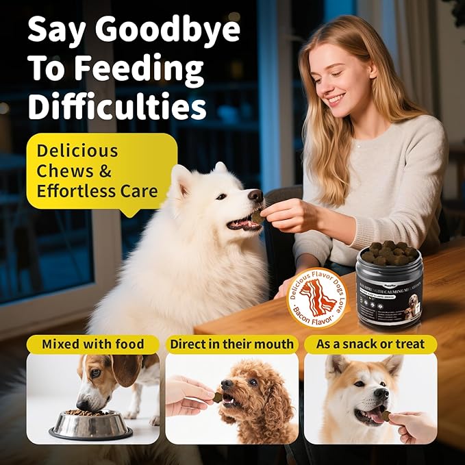 Melatonin for Dogs - Advanced Dog Calming Chews for Restful Sleep & Emotional Support, Calming Treats for Dogs Relaxation, Stress Anxiety Support - Separation, Thunder, Fireworks, Bacon Flavor, 90Ct