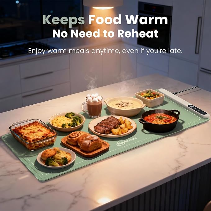 Warming Mat for Food, 36"x16" Food Warming Mat 6 Temperature & 6 Timer Settings Upgrade Graphene Fast Full Surface Heating-Versatile Food Warmer for Gatherings, Parties, Everyday Use-Slate Gray Green