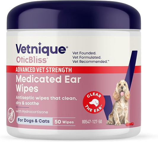 Vetnique Oticbliss Medicated Dog Ear Wipes, Dog & Cat Ear Cleaner Yeast, & Ear Infection Treatment with Hydrocortisone, Antibacterial & Antifungal for Itchy Ears (Medicated Ear Wipes)