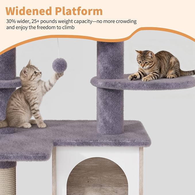 Cat Tree with Litter Box Enclosure, Hidden Litter Box Furniture with Cat Tower, Cat Tree with with Sisal Scratching Post,Hammocks,Condo,Multiple Platform,Soft Plush Perch, Grey