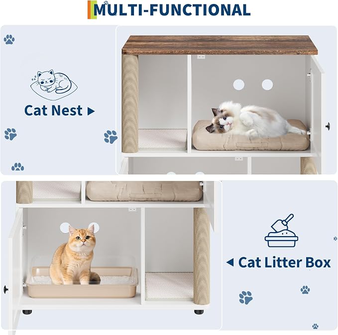2 Tier Cat Washroom,Modern Farmhouse Double Cat Litter Box Enclosure Furniture,Hidden Cabinet with 2 Scratch Mats & Post, Multi-Functional End Side Table for 2 Cats, Odor-Control Wooden Washroom Cabin