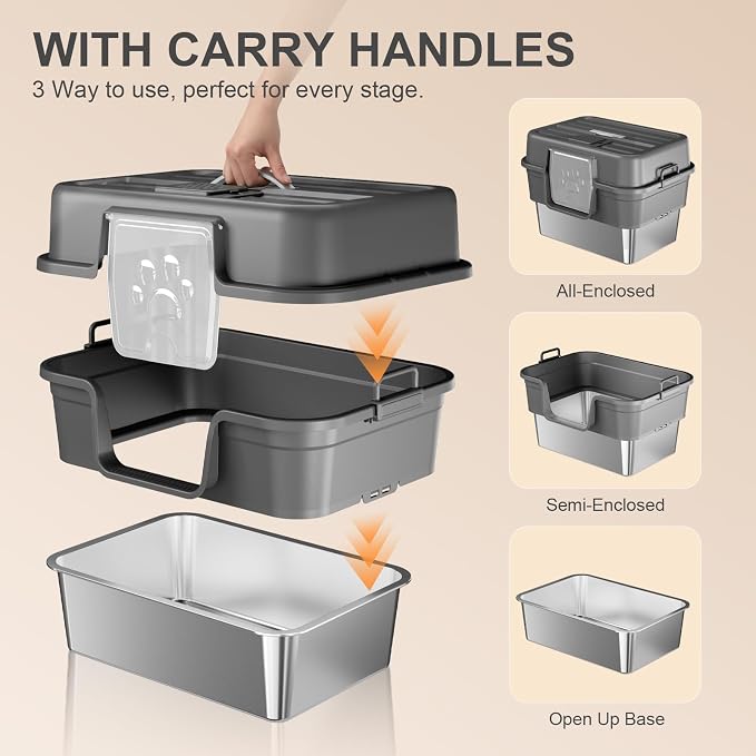 2PACK Stainless Steel Litter Box with Lid, XL Extra Large Litter Box for Big Cats, Enclosed Metal Litterbox High Sided, Easy Cleaning Anti-Urine Leakage, Mat & Filter Pedal & Scoop, Dark Grey