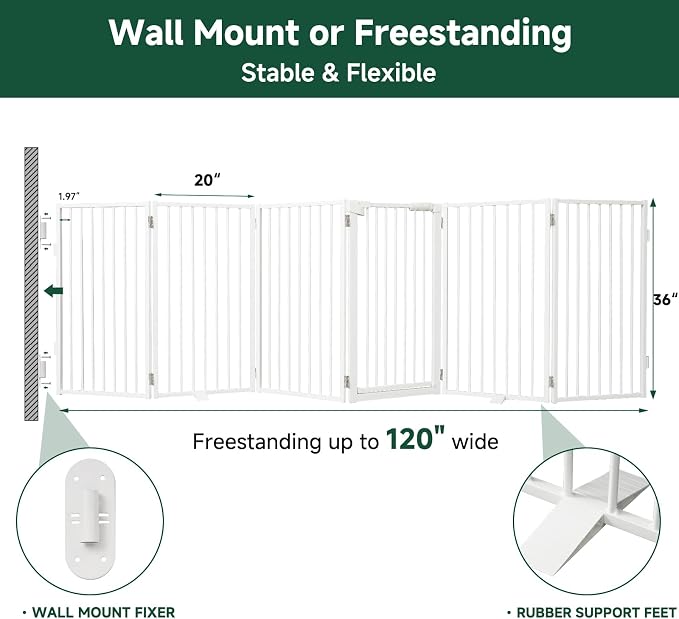 Snagle Paw Metal Freestanding Dog Gate with Door,120” W x 36” H Dog Fence with Support Feet for Doorways, Stairs and Hallways, Portable Pet Gate for Indoor Use (6 Panel, White)