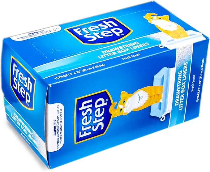 Fresh Step Jumbo Drawstring Cat Litter Box Liners Scented Heavy Duty Kitty Litter Bags X-Large Oval or Rectangle Pans Easy Lift Out Cleanup 36 x 19 IN 15 Count 12 Pack Scented Bulk Multi-Pack