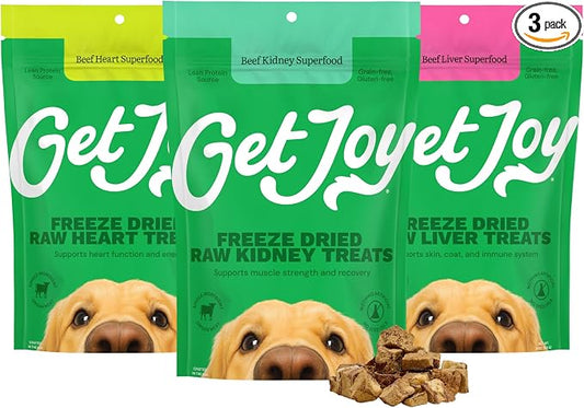 Get Joy Freeze Dried Superfood 100% Beef Heart, Kidney, Liver Dog Treats Variety Pack, 4 Ounce (Pack of 3), Single Ingredient Organ Meat, High Protein, Grain Free, Gluten Free, Made in USA