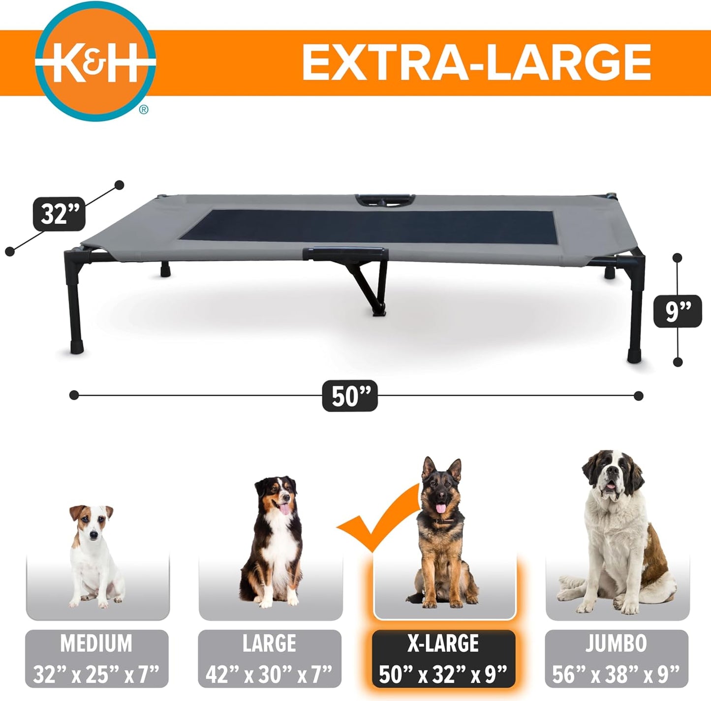K&H Pet Products Outdoor Elevated Dog Cot, Breathable Cooling Elevated Cot Hammock Pet Bed for XL Dogs, Washable Mesh Cover, Raised Metal Frame, Collapsible, Portable - Extra-Large 50 X 32in Gray