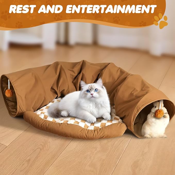 Spardar Bunny Tunnel Bed, 2-in-1 Collapsible Tunnel Tubes Toys, Washable, with Removable Mat Hideout, Interactive Toys for Rabbits Chinchilla Hedgehog Guinea Pigs Kitty, Khaki