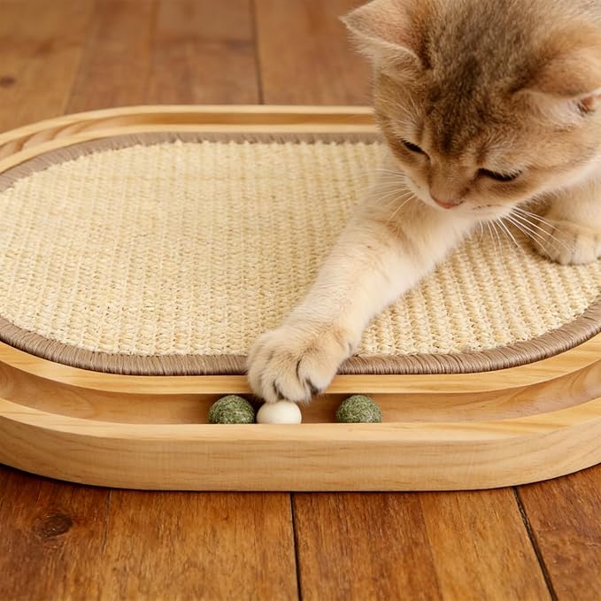 Sisal Cat Scratcher Toy, Natu sisal cat Scratching pad, Ball Track Wooden Interactive Cat Toy Ball, Catnip Ball, for Cats Chasing, Hunting, Mental Physical Exercise Puzzle