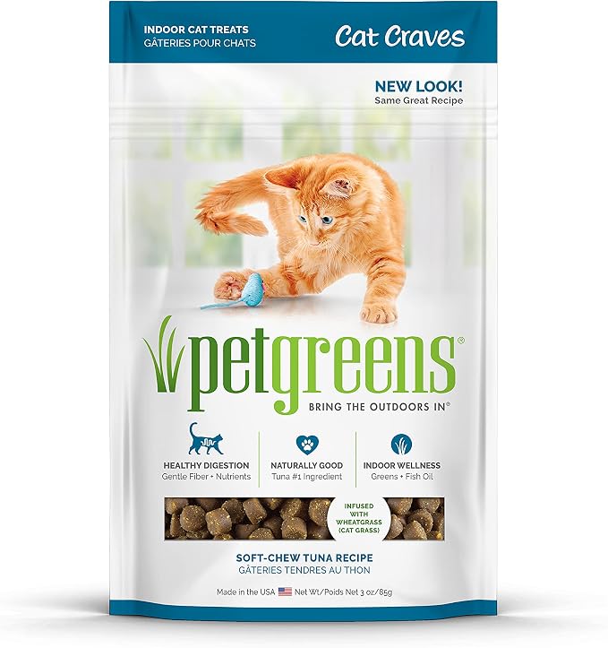Pet Greens Soft-Chew Indoor Cat Treats Infused with 4 Pack of Semi-Moist Craves Savory Salmon, Deep Sea Tuna, Roasted Chicken and Turkey and Duck Flavored Treats