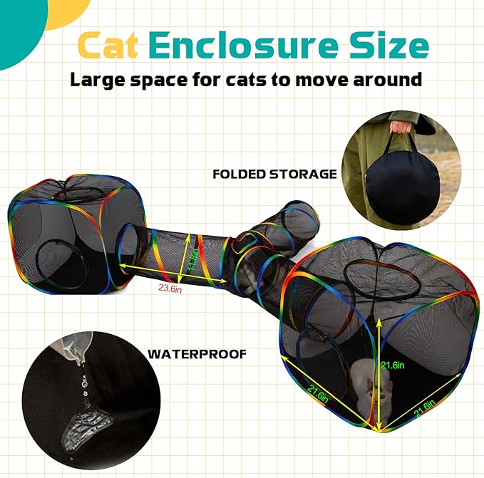 Outdoor Rainbow Cat Enclosures Playground,Outside House for Indoor Cats Include Portable Tent, 3 Way with 2 Cube Tunnel, for Kitty and Small Animals,Within Storage Bag