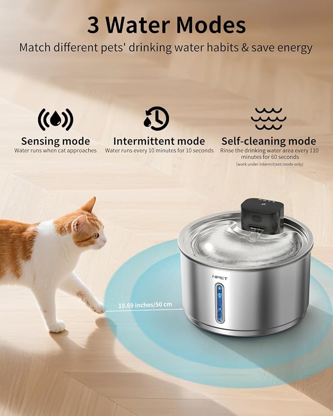 NPET Stainless Steel Wireless Cat Fountain, 1Gallon/135oz Battery Operated Automatic Pet Drinking Fountain - Cordless Dog Water Dispenser with 4 Replacement Filters for Cats Indoor