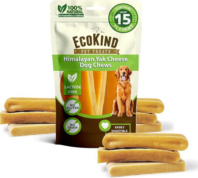 EcoKind Yak Cheese Himalayan Dog Chews, Yak Chews for Large Dogs, Long Lasting Bone for Aggressive Chewers, 3 Ingredient Natural High Protein Treats, No Additives, Lactose Free, XL - 15+ Chews (5 lbs)