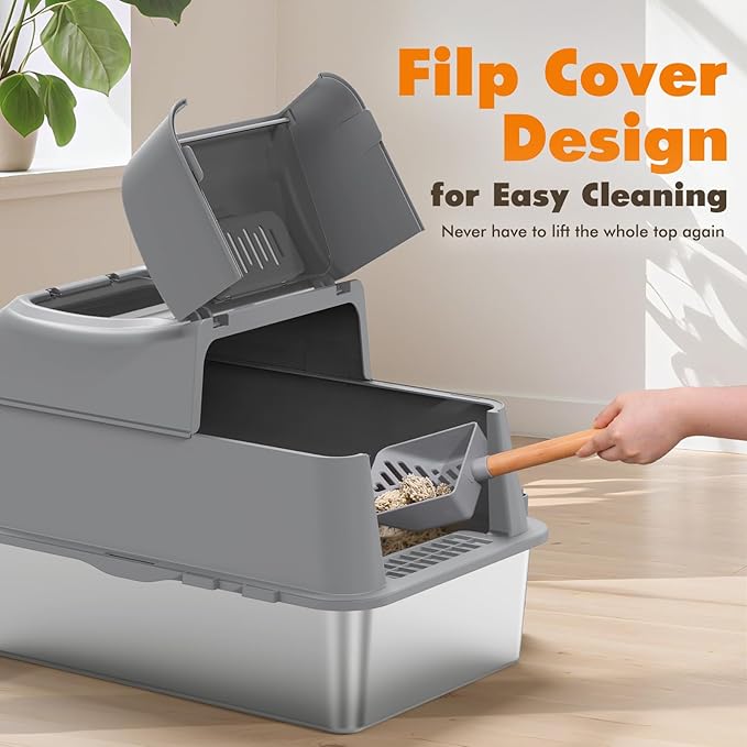 Rywell Stainless Steel Cat Litter Box with 180° Flip-Top Lid – Extra Large 40L Metal Kitty Pan, 3-in-1 Modes, High-Sided Odor Control & Anti-Splash Design for Large Cats & Multi-Cat Households