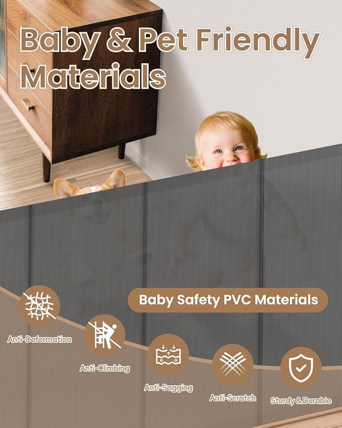 Retractable Baby Gate, 55" Wide Reinforced Mesh Baby Gate with 4 Fiberglass Support Rods for a Tighter Fit, 34" Tall Retractable Dog Gate for Stairways, Hallways and Doorways, Gray