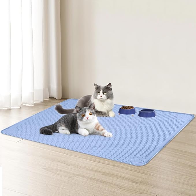 Cat Food Mat, 40" x 28" Cat Litter Mat Extra Large Silicone Pet Feeding Mat with Raised Edge Pet Placemat for Food and Water Bowl Non-Slip, Easy to Clean, Floor Protection (Blue)