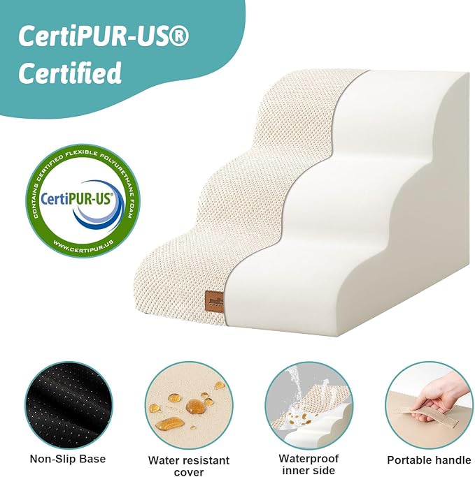 COZY KISS Wide Dog Stairs for Small Dog 15.7" H, Pet Step for Puppy, Older Cat, Curved Ramp for Couch, Durable Anti-Slip Ladder with High Density Foam, 3 Step, 17.7x22.4x15.7 inch, Beige