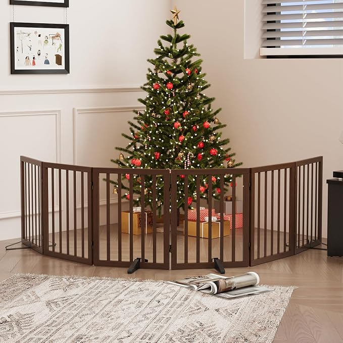 Dog Gates for Doorways, Freestanding Foldable Dog Gate Indoor, Pet Gates for Doorways Bedroom, Puppy Gate with Metal Support Feet, 6 Panels (Rustic tan)