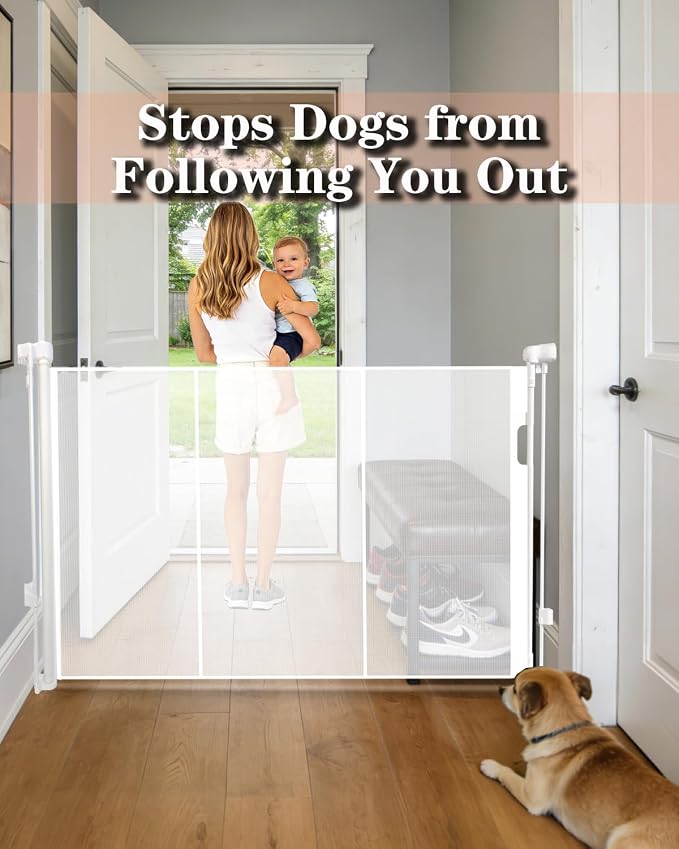 55" Wide Retractable Baby Gate for Stairs, 42" Extra Tall Retractable Dog Pet Gate with Support Rods, Mesh Screen Child Safety Gate for Doorways Hallways Deck Porch, Outdoor Indoor Use
