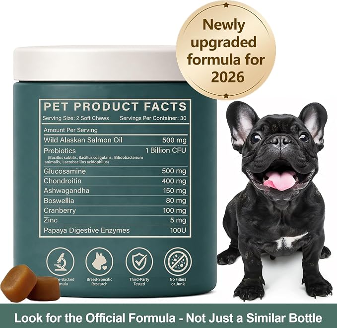 PawGuard French Bulldog Longevity Chews, Breed-Specific Soft Chews with Probiotics, Digestive Enzymes, Glucosamine, Chondroitin, Pork Flavor, Gut Skin Coat Immune Joint Support, 60 Count(1pc)