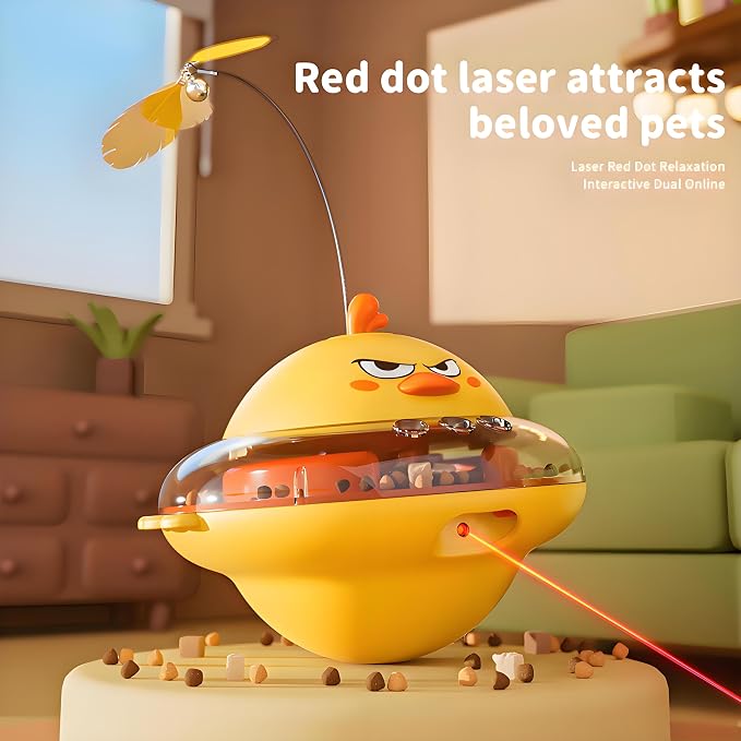 hooroor 4-in-1 Automatic Cat Toy Gift for Cat Owners, Interactive Laser & Feather Teaser with Bird Sounds, Treat Reward, Self-Balancing 360° Spinning Enrichment Exercise Toy for Bored Indoor Cats