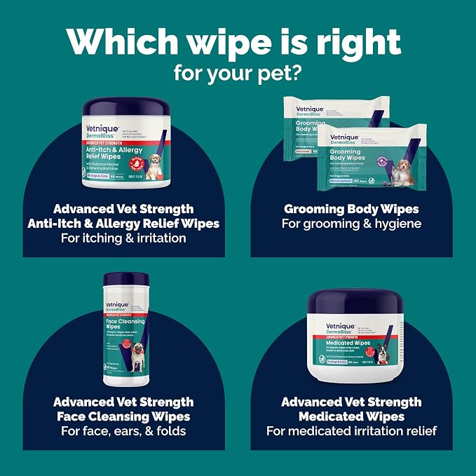 Vetnique Dermabliss 3-in-1 Anti Itch Wipes for Dogs & Cats, Allergy Relief | Hydrocortisone, Pramoxine & Antihistamine Wipes Calm Itching, Paw Licking and Odor for Dogs & Cats; Gentle No-Sting relief
