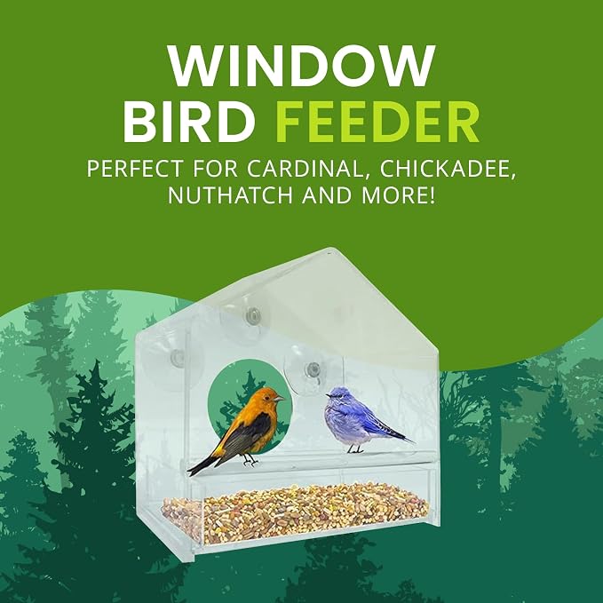 Nature Gear Window Bird Feeder with Strong Suction Cups, Clear Acrylic Window Mounted Bird Feeder, Removable Sliding Tray, Weather-Resistant, Durable, Squirrel-Resistant, House Style