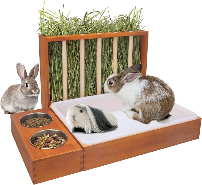 BESNEW 3-in-1 Rabbit Hay Feeder with Litter Box,Upgraded Rot Resistant Rreatment Wooden Hay Feeder with 2 Bowls & Litter Box for Guinea Pigs,Chinchillas,Rabbits & Other Small Animals,Waste Prevention