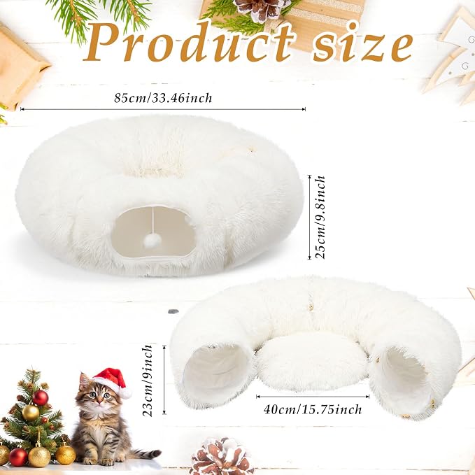 Thyle Christmas Cat Tunnel Bed Under Christmas Tree for Indoor Cats Xmas Pet Donut Tunnel with Cushion Foldable Round Pet Toy for Small Animals Kitten(3ft X 3ft X 9.8in,White,Plush)