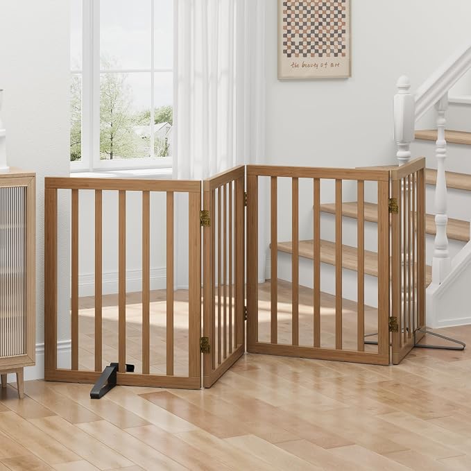 Dog Gates for Doorways, Freestanding Dog Gate Indoor, Foldable Pet Gates for Doorways Bedroom, Puppy Gate with Metal Support Feet, Room Divider 4 Panels (Dark Walnut)