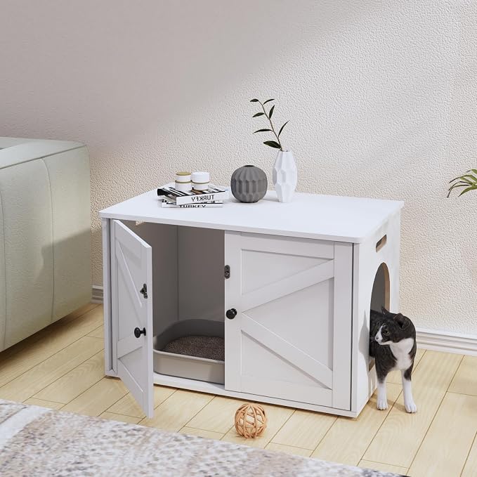Timberer Cat Litter Box Enclosure, Litter Box Furniture Hidden with Removable Divider, Wooden Cat Washroom Furniture, Indoor Cat House, White